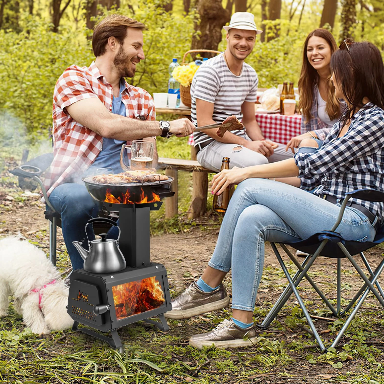 FANTASK tragbarer Holzofen, Raketenofen Outdoor inkl. 2 Kochflächen mit Sichtscheibe und Aschepfanne, Zeltofen, Campingofen für Garten & Camping, Schwarz
