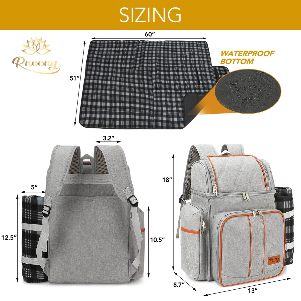 Rnoony Großer Picknickrucksack für 2, Picknickkorb für 2 mit isoliertem Kühler und Flaschentasche, Picknicktasche mit Leichter Decke und Besteckset für Familie, Paar und Wandern