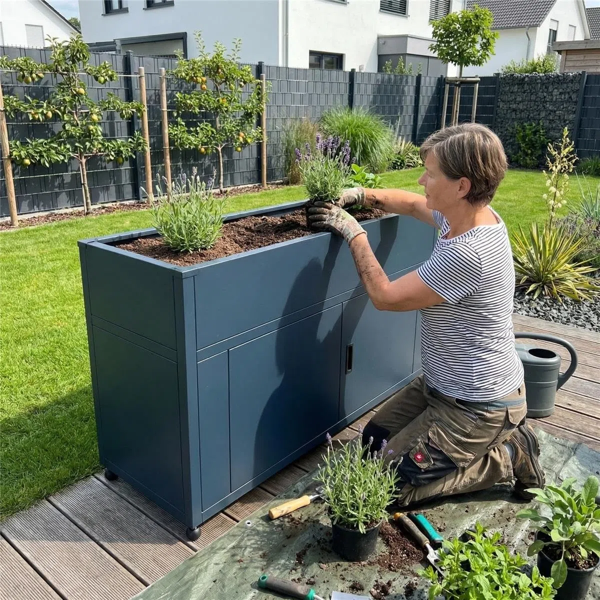 Metzler Hochbeet für den Garten mit Stauraum – Pulverbeschichteter Stahl in Anthrazit RAL 7016 | Witterungsbeständiges Metall-Gartenbeet, Pflanzenbeet, Blumenhochbeet | 160 x 85 x 50 cm