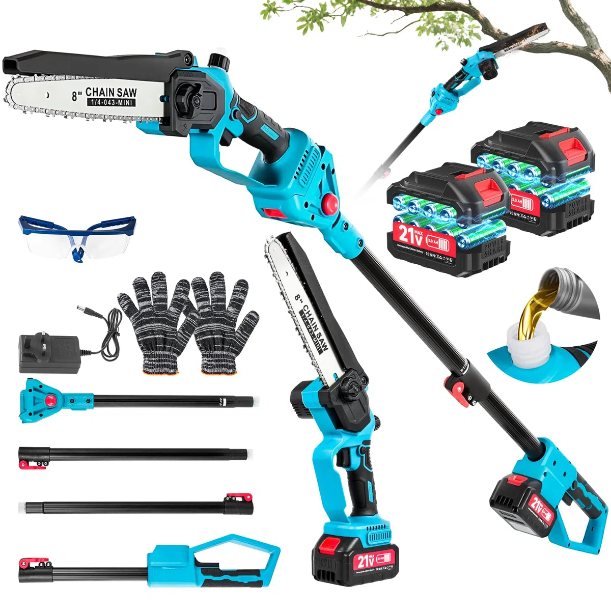 2-in-1 Akku Hochentaster 8-Zoll Mini-Kettensäge, Bürstenloser Motor, 2 x 3000 mAh Batterien, drei einstellbaren Höhen für Baumschnitt
