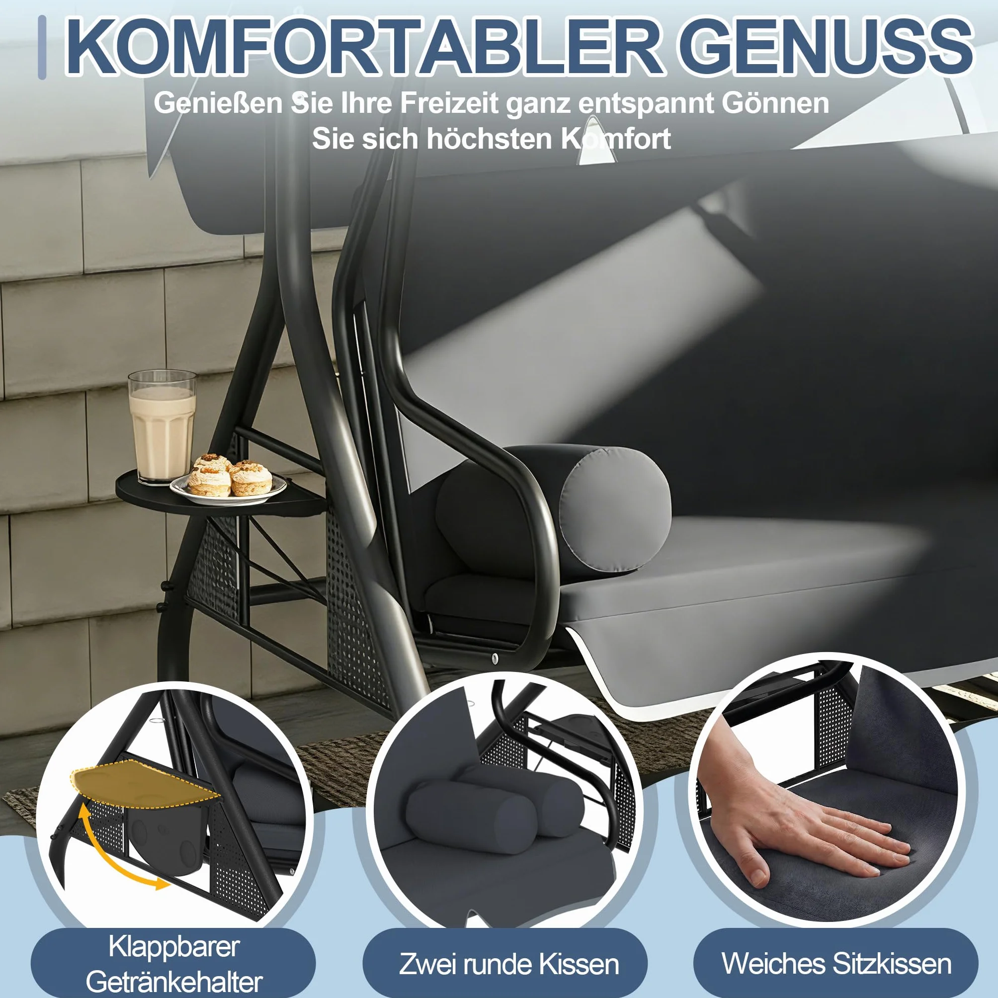 XMTECH Hollywoodschaukel 3-Sitzer mit Liegefunktion & verstellbarem Sonnendach, Gartenschaukel mit Seitentischen & Kissen, Schaukelbank Garten Terrasse, bis 350 kg, 185 x 113 x 163 cm, Anthrazit