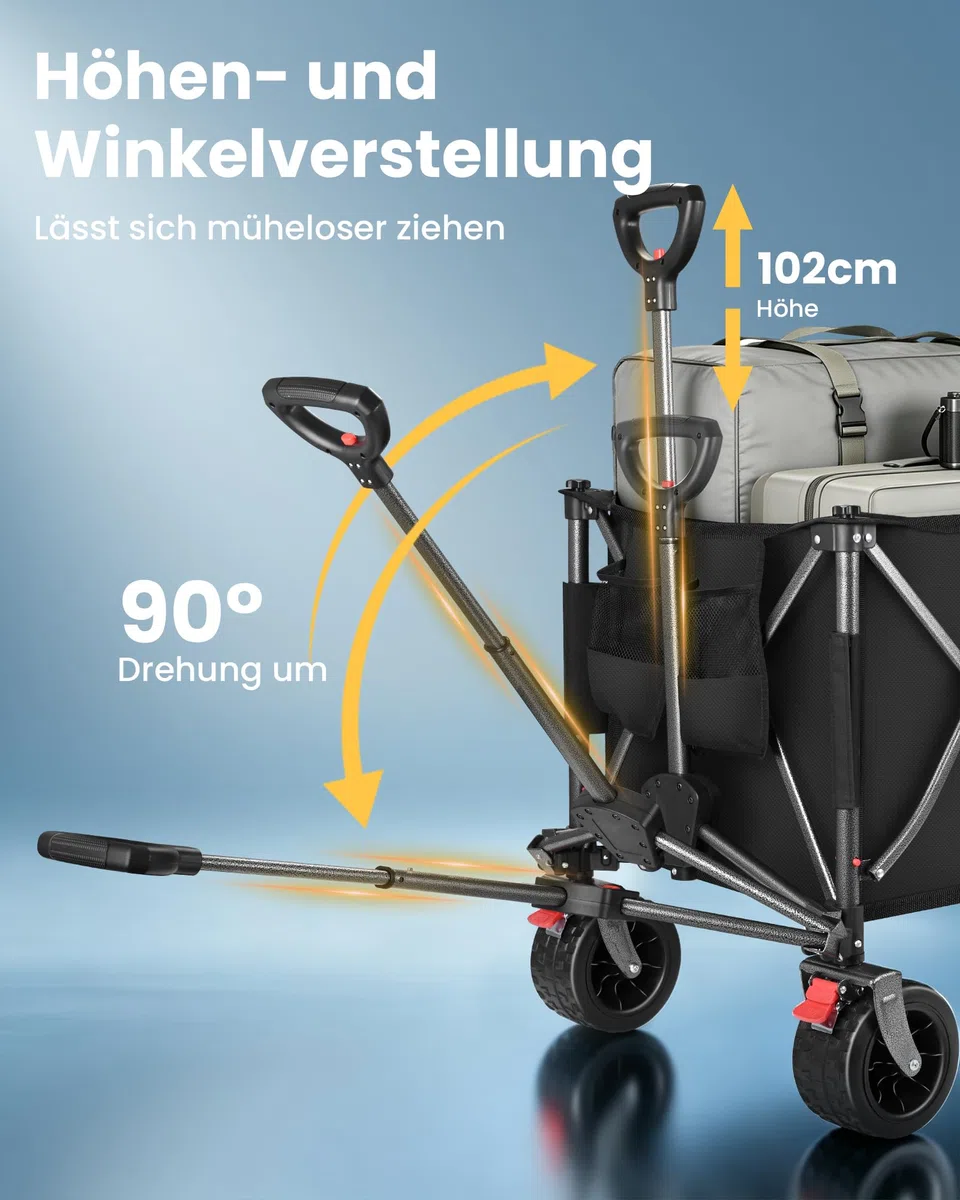 YEAUPE PRO Bollerwagen Faltbar 260L 250KG Handwagen mit Bremsen 17x10 cm Reifen All Terrain