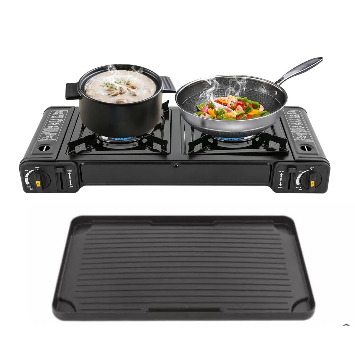 2-Flammig Campingkocher, Outdoor Camping Gas Kocher Grillplatte Tischgrill Koffer Gasgrill, 2-Flammig Gaskocher Für Innenräume Gaskocher (Mit Grillplatte)