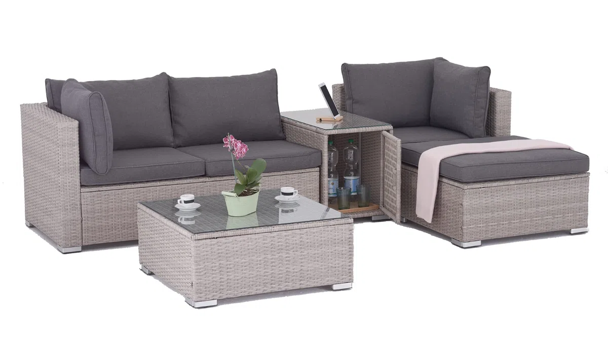 Rattan Polyrattan Lounge Sitzgruppe Garnitur Gartenmöbel aus 3 Sitzer Sofa, Hocker, Tisch mit Stauraum und Abstelltisch mit Glassplatte