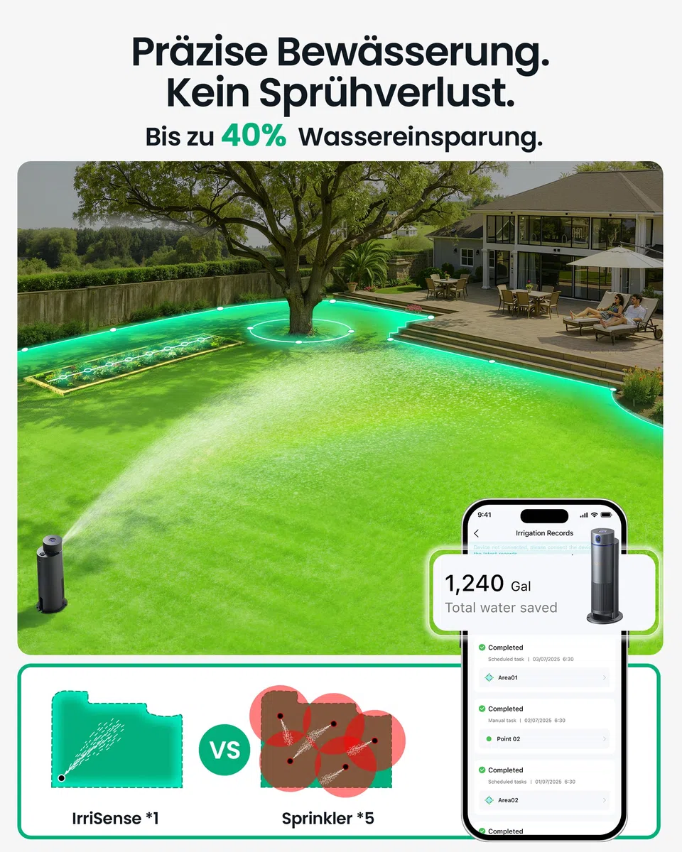 Aiper IrriSense 2 Smartes Bewässerungssystem, Mehrzonen-Bewässerungsgerät mit App-Steuerung, intelligenter Zeitplanung und Regensensor für Rasenflächen bis 445 m²