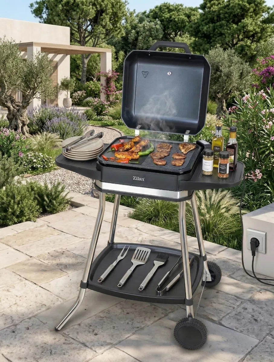 2in1 Elektrogrill Standgrill Tischgrill elektrisch 3.050 Watt - Elektro Grill für Balkon, Draußen mit Standfuß große Grillfäche Stufenloser Temperaturregler elektrischer BBQ Grill