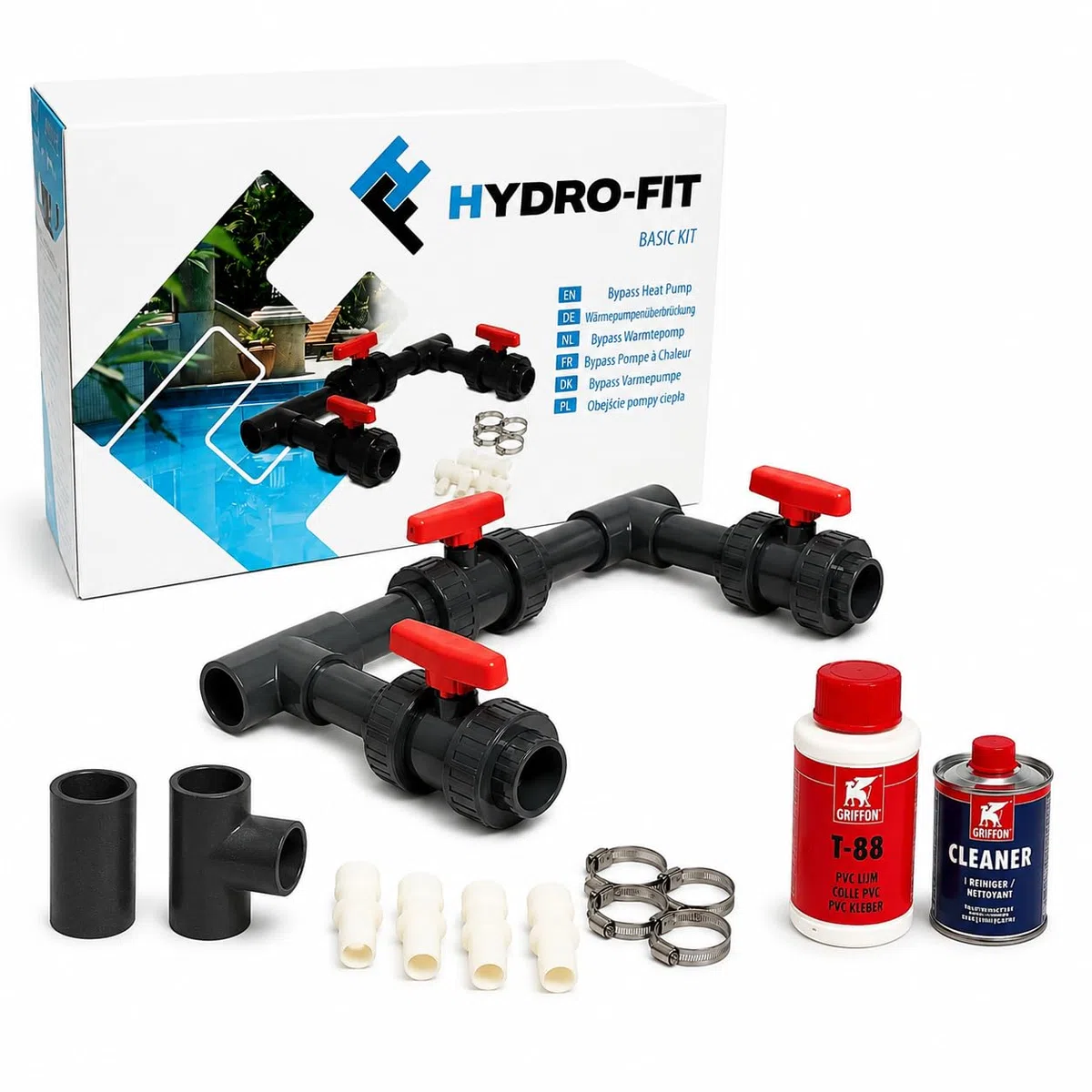 COIL Bypass-Kit für Schwimmbad-Wärmepumpen, universelles PVC 50 mm, Set mit 3 Kugelhähnen, Griffon-Kleber und Reiniger – Selbstmontage