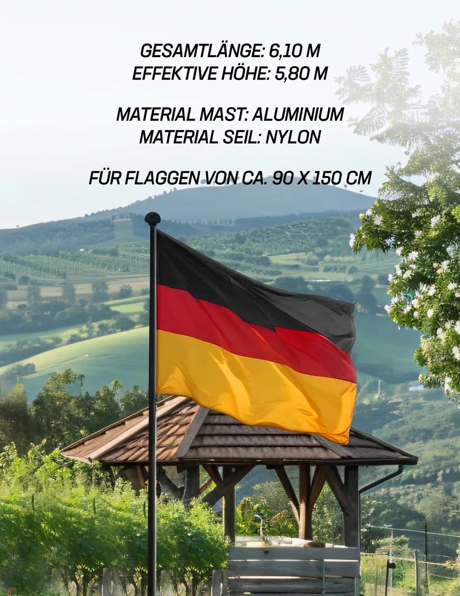 MUWO Glory Teleskop Fahnenmast mit Hissvorrichtung, höhenverstellbar 2,1-6,1 m, Aluminium, wetterfest, Bodenhülse