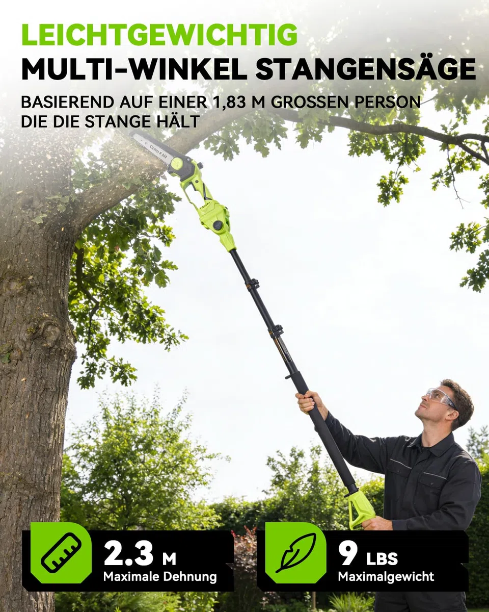 2-in-1 Akku Hochentaster 8-Zoll Bürstenlose Mini-Kettensäge mit Teleskopstange 2 x 3000mAh Akkus
