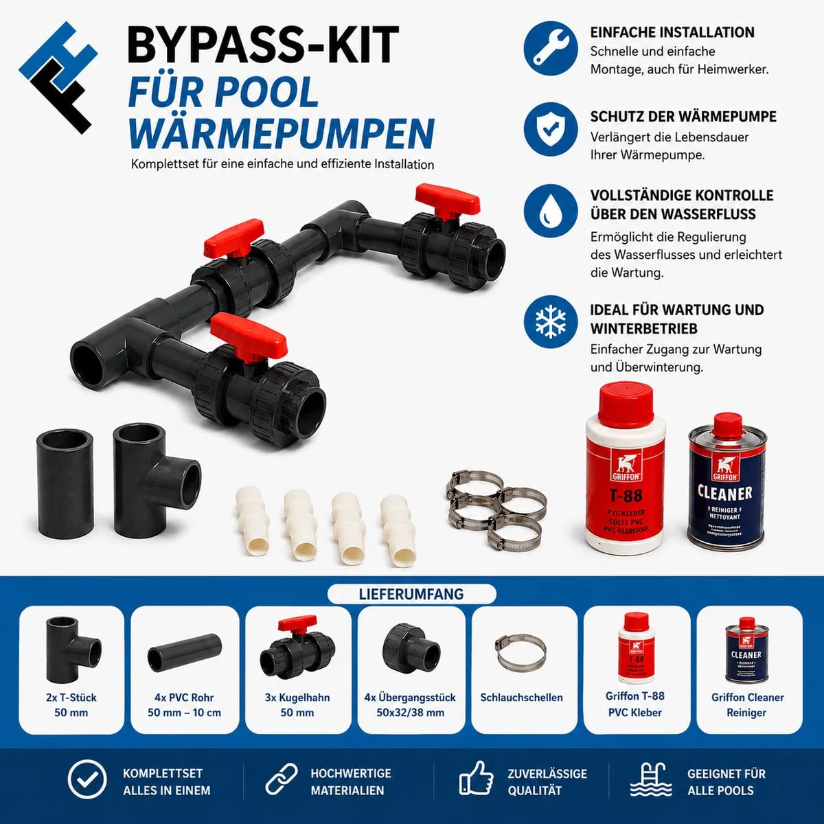 COIL Bypass-Kit für Schwimmbad-Wärmepumpen, universelles PVC 50 mm, Set mit 3 Kugelhähnen, Griffon-Kleber und Reiniger – Selbstmontage