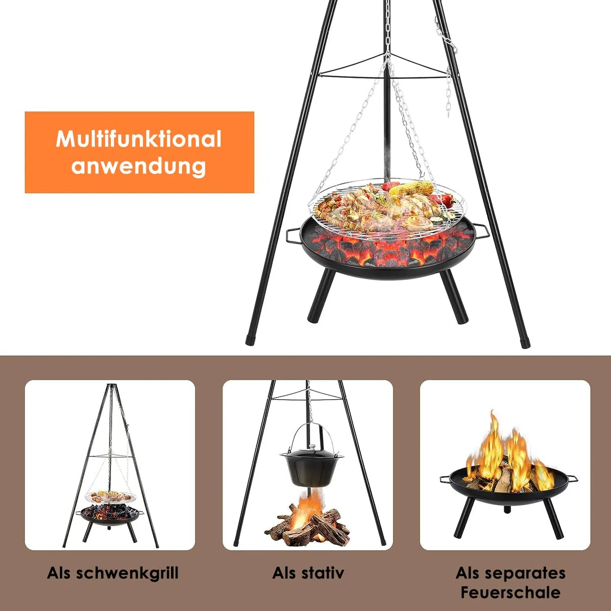 TLSUNNY Schwenkgrill mit Feuerschale, Dreibein für Feuerschale, inkl. Grillrost (Ø52cm), Höhenverstellbarer Kette (200 cm) und Dreibein (H:152 cm), 3PCS Beine, Grill für Camping Garten Hof