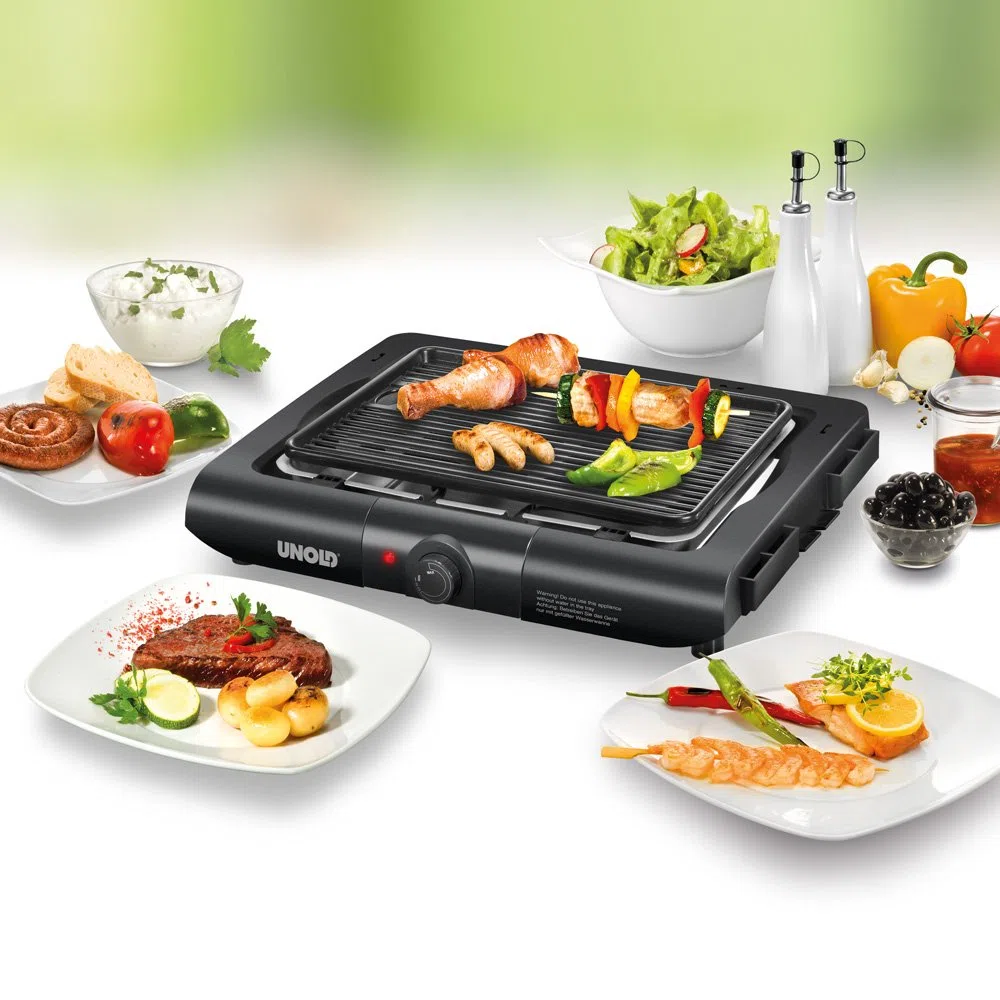 Unold 58565 Vario Barbecue-Grill - Tisch- und Standgrill, Schwarz, 1.600 W, Antihaftbeschichtung, seitliche Ablageflächen, Windschutz, Überhitzungsschutz, Grillplatte aus Druckguss-Aluminium