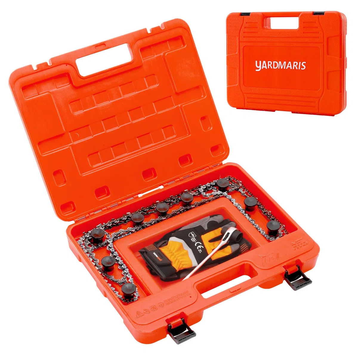 Aufbewahrungsbox für Kettensägenketten - Universale Organizer-Box bis 50 cm Klingenlänge, tragbare Chainsaw Sägekettentasche mit Verhedderschutz in Orange