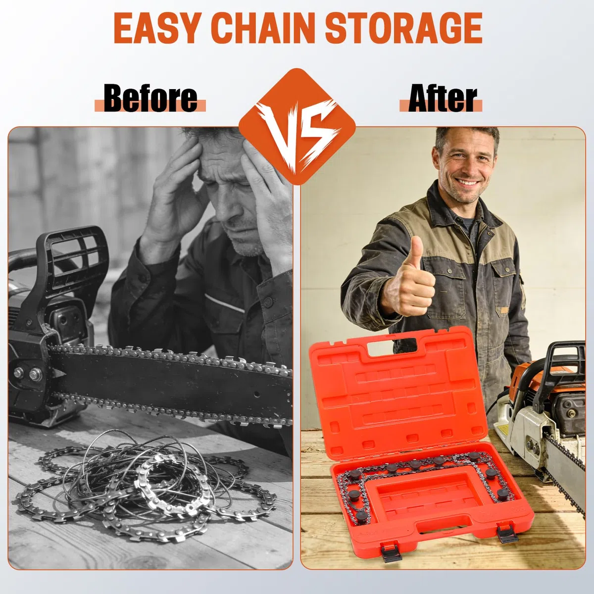 Aufbewahrungsbox für Kettensägenketten - Universale Organizer-Box bis 50 cm Klingenlänge, tragbare Chainsaw Sägekettentasche mit Verhedderschutz in Orange