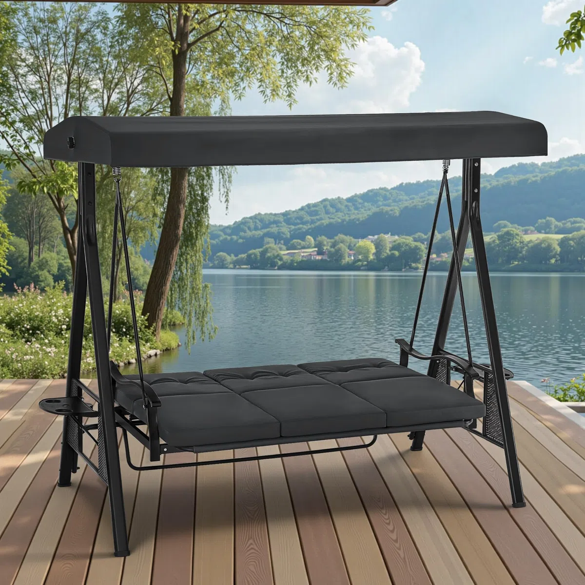 M MCombo 3-Sitzer Hollywoodschaukel mit Liegefunktion, Verstellbarem Sonnendach & Getränkehalter, Gartenschaukel bis 360kg Belastbar Schaukelbank Outdoor Wetterfest 204x118x181 cm 4093 (dunkgelgrau)