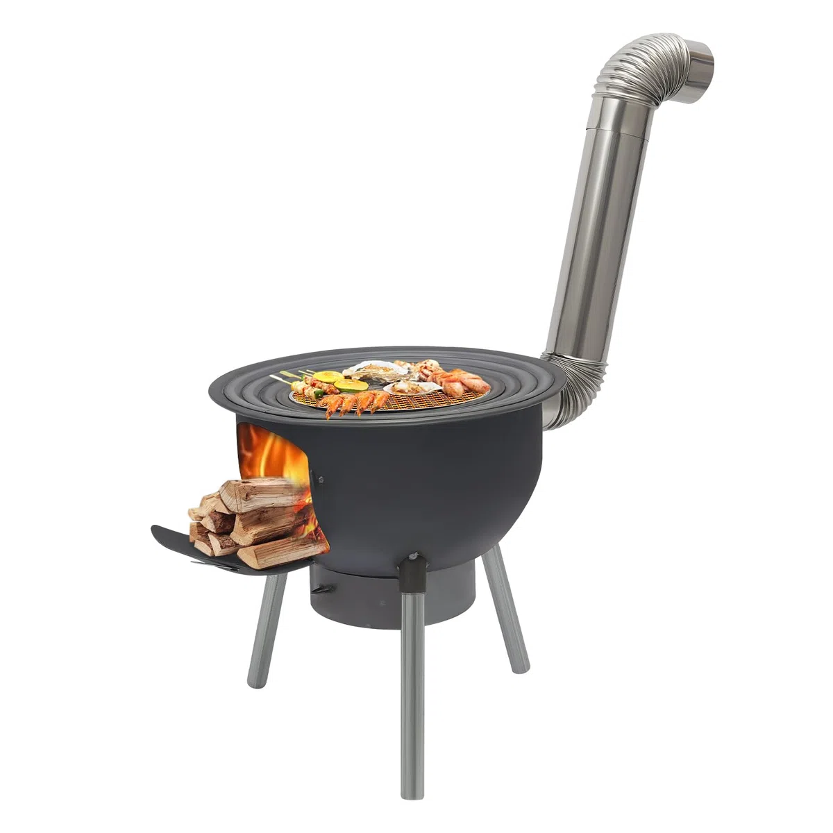 Tragbarer Holzofen mit 3/4 Kochringen & Aschekasten - Abnehmbaren Ofenbeine Robuster Stahlblech-Ofen mit Belüftung und Schornstein Holzofen für Camping, Picknick und Outdoor-Kochen (20.5zoll)