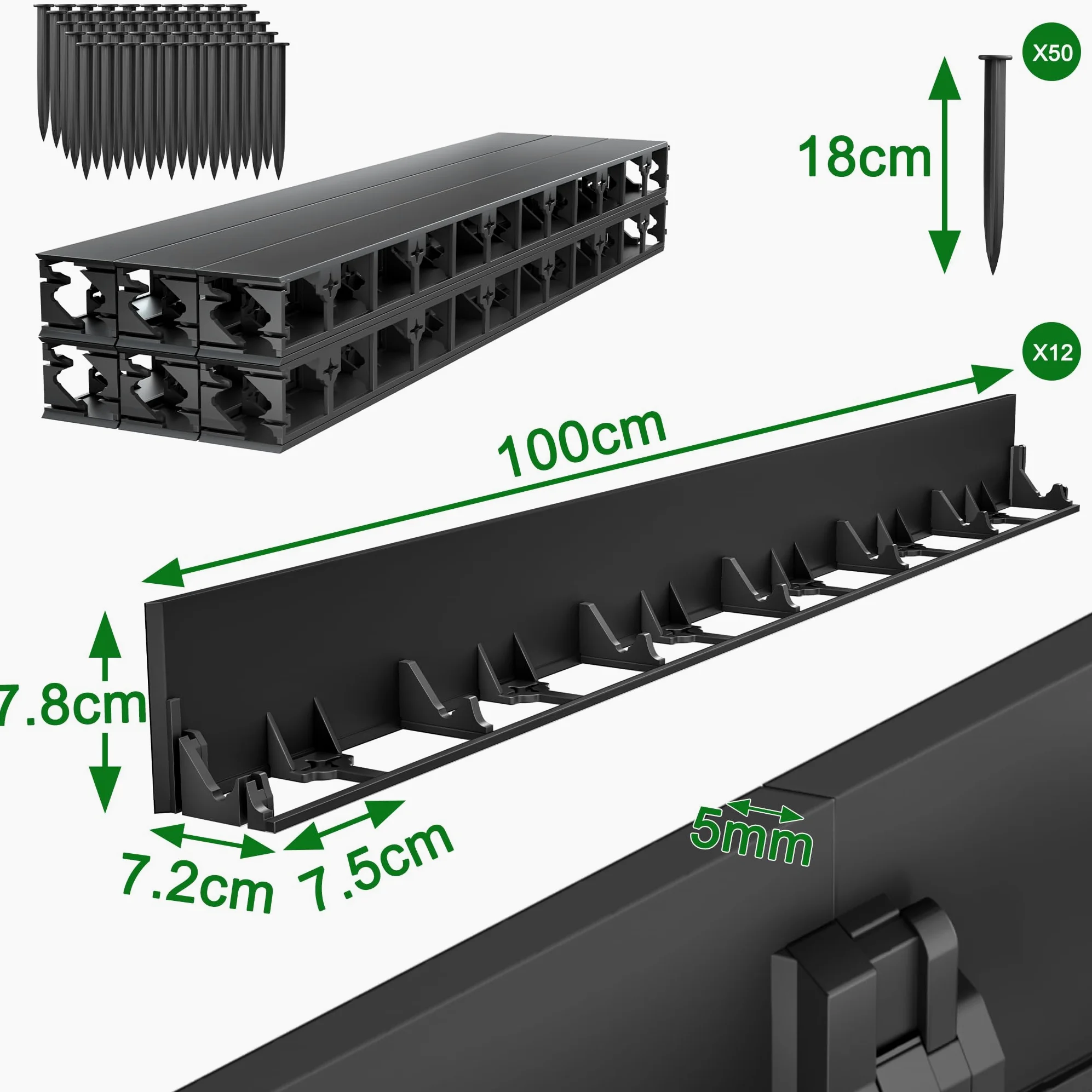 Aufun Flexible Rasenkante Kunststoff 24M Pflasterkante Beeteinfassung mit 100 Erdanker 78mm Schwarz