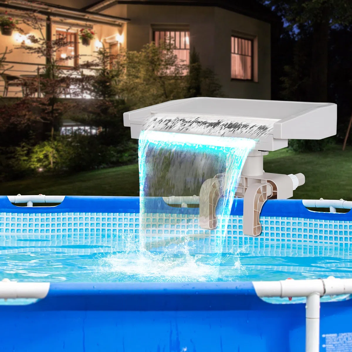 Poolbrunnen Wasserfall für oberirdische Pools, Schwimmbad Aufsatz Zubehör, mit 7 LED-Licht