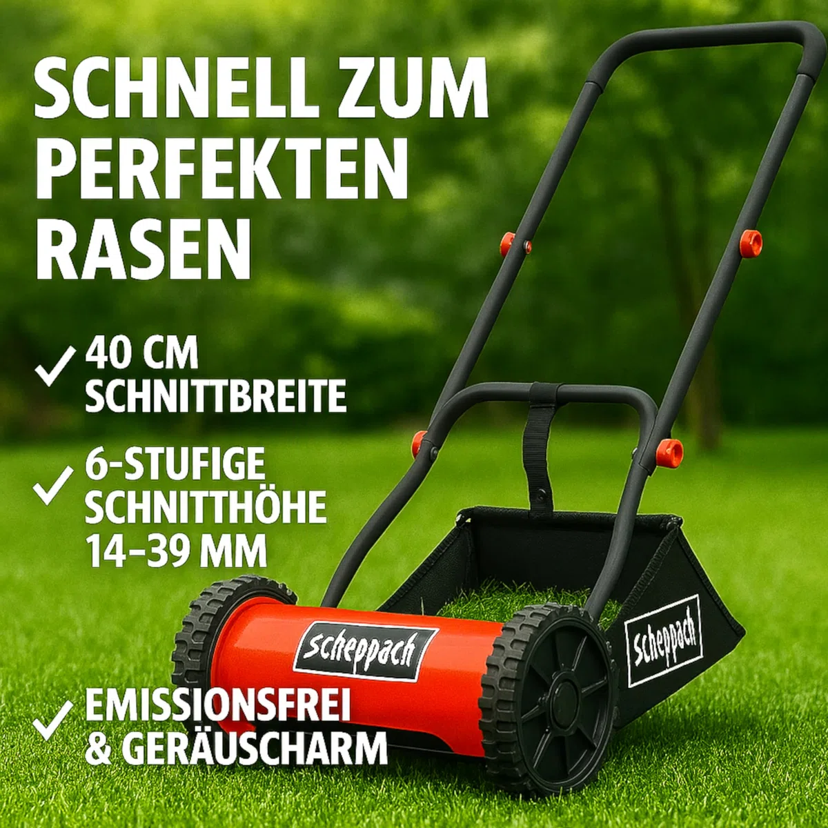 Scheppach Spindelmäher SPM400-Pro Handrasenmäher mit 40cm Schnittbreite Rasenmäher | für bis zu 250m² | 6-stufige Schnitthöhenverstellung (14 – 39mm) | Große 24l Fangbox | emissionsfrei geräuscharm
