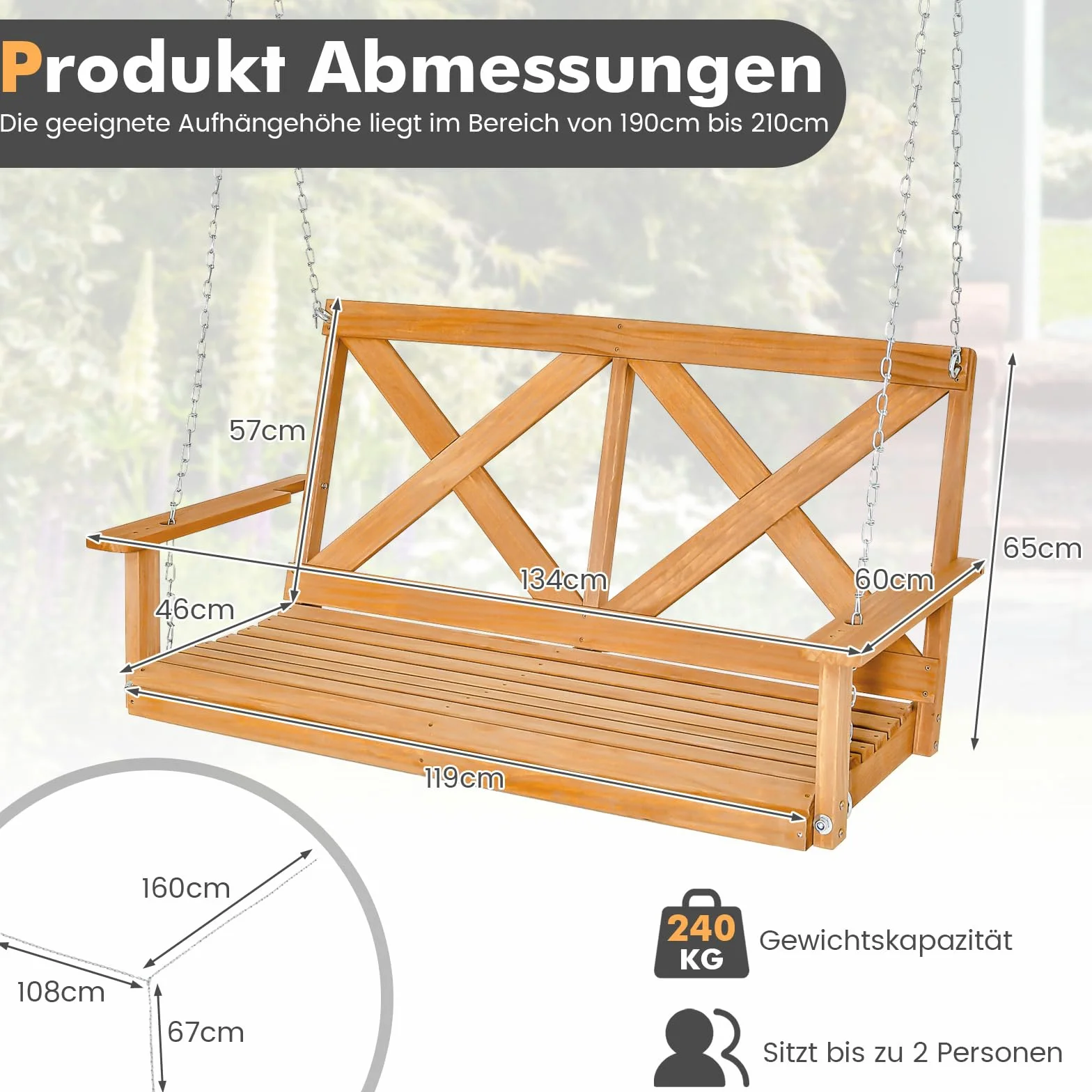 COSTWAY Hängebank aus Massivholz, 2-Sitzer Gartenschaukel zum Aufhängen, Hollywoodschaukel bis 240 kg belastbar, Outdoor-Schaukelbank für Terrasse, Garten, Hof, 134 x 60 x 65 cm, Natur