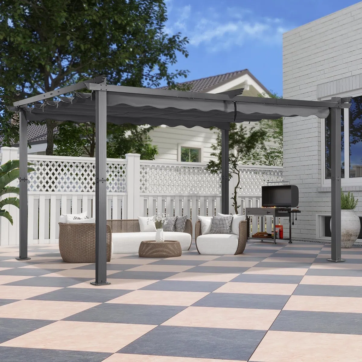 Angel Living Garten Pergola 3 x 4 m Pavillon Gartenpavillon aus Aluminium in anthrazit, Dachrohre aus Stahl, Verstellbares Dach aus Polyester Grau