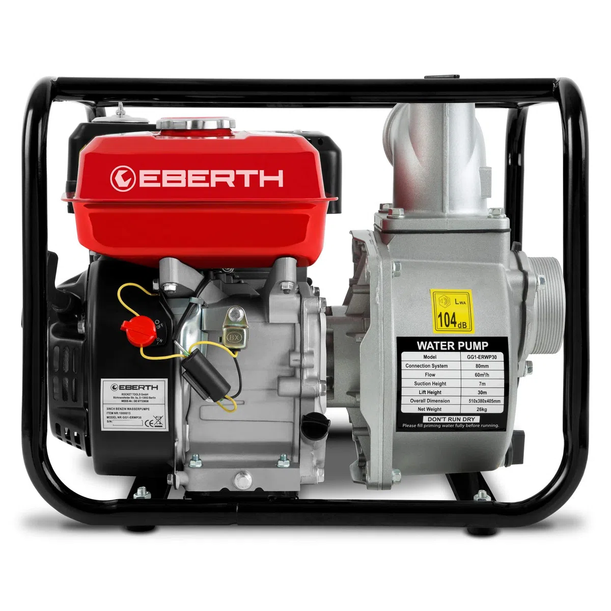 EBERTH 6,5PS Wasserpumpe mit 60.000l/h und 30m Förderhöhe, 3 Zoll Anschluss, Gartenpumpe Schmutzwasserpumpe mit 4-Takt-Motor und 7m Ansaughöhe, Benzin Pumpe, Seilzugstart, Metallfuß, Tragegriff