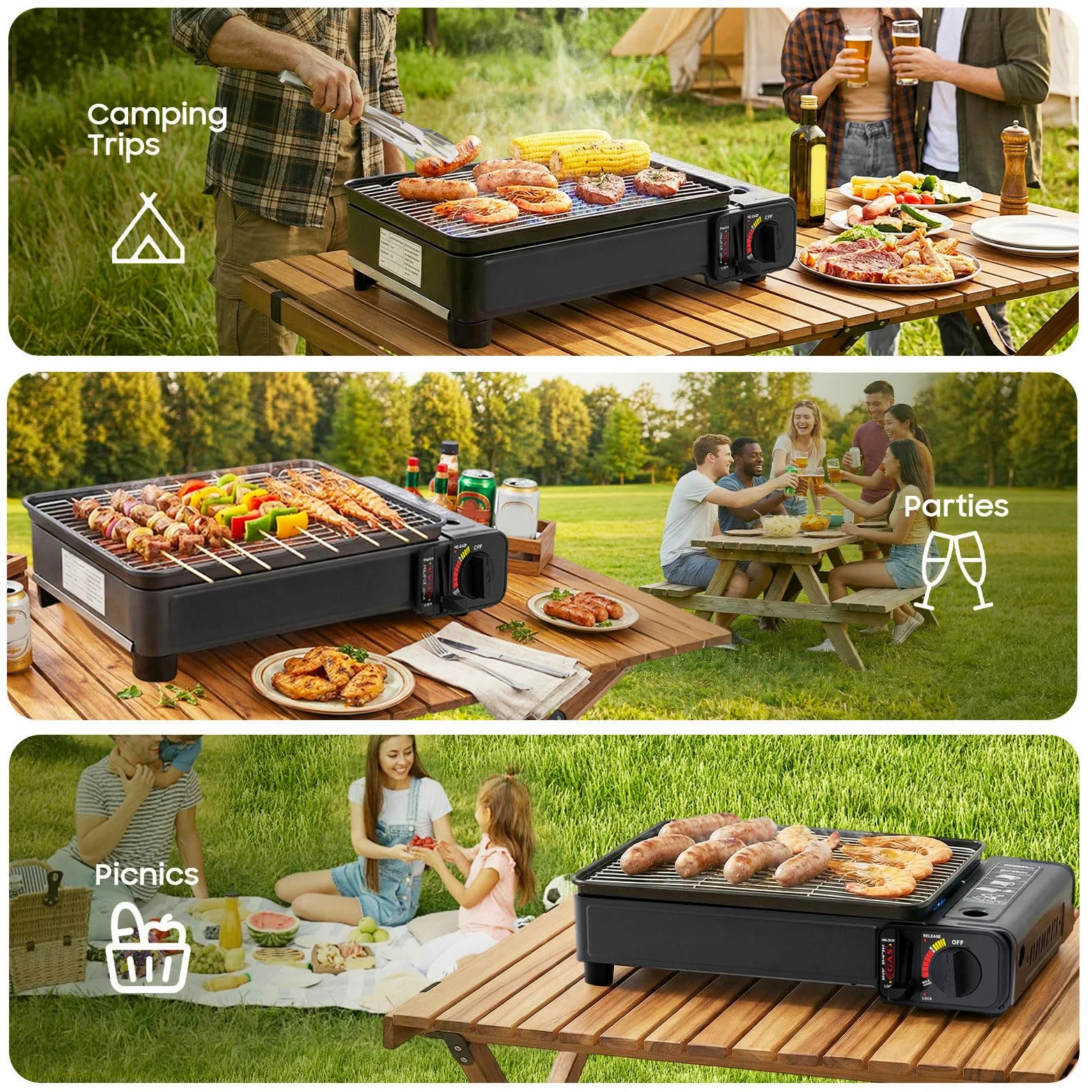 Camping Gasgrill 2,2 kW Tragbar mit 2 Grillrosten & Tragetasche, Tischgasgrill mit Piezo-Zündung & Fettauffangschale, Gaskocher Grill 2-in-1 für Kartuschen & Gasflaschen - Ideal für Balkon Garten