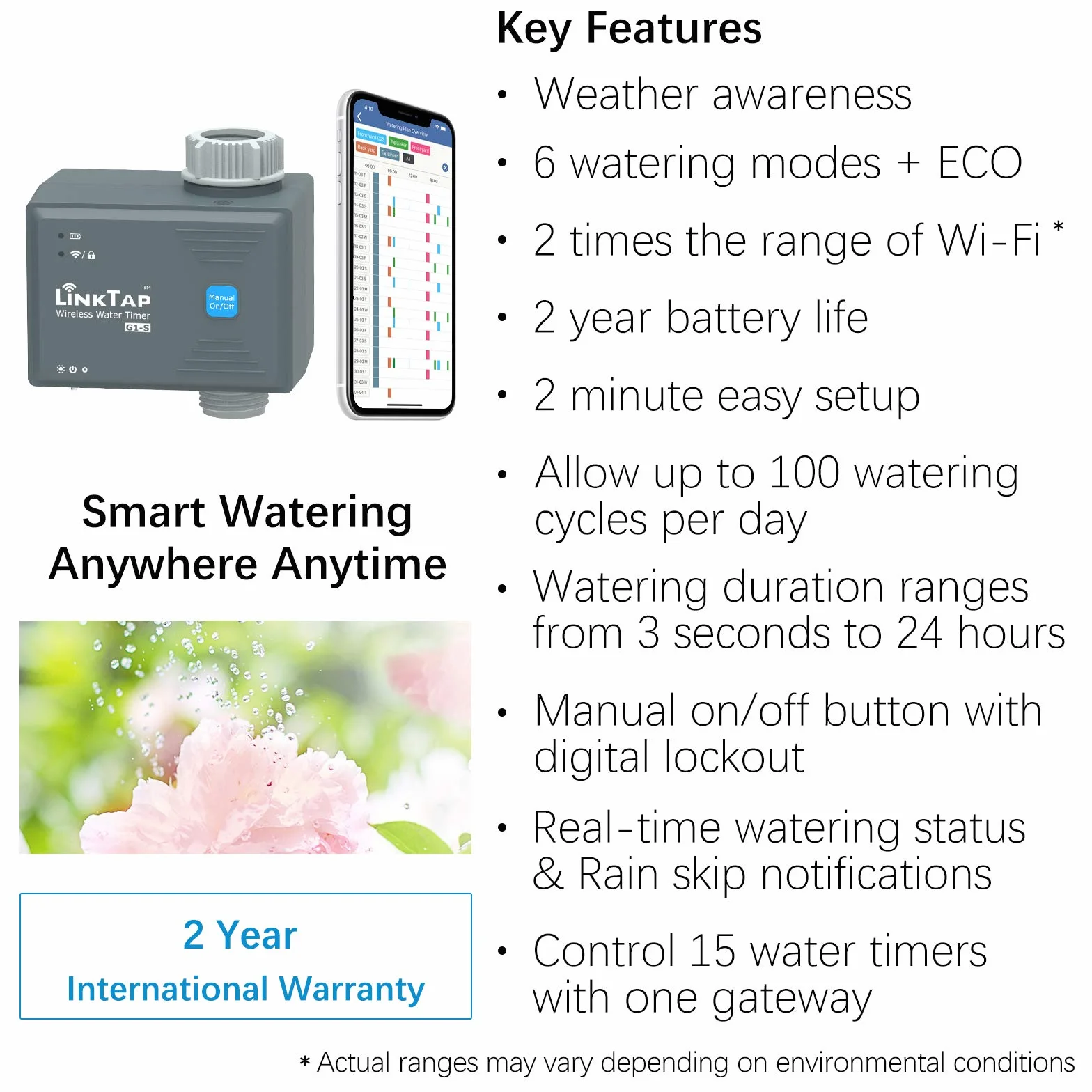 LinkTap G1S Drahtlose Bewässerungscomputer - Erfordert Gateway - Intelligente Bewässerungssteuerung Für Rasen Und Garten - Einfache Installation- Größere Reichweite Als Wi-Fi - IP66 Wasserdicht