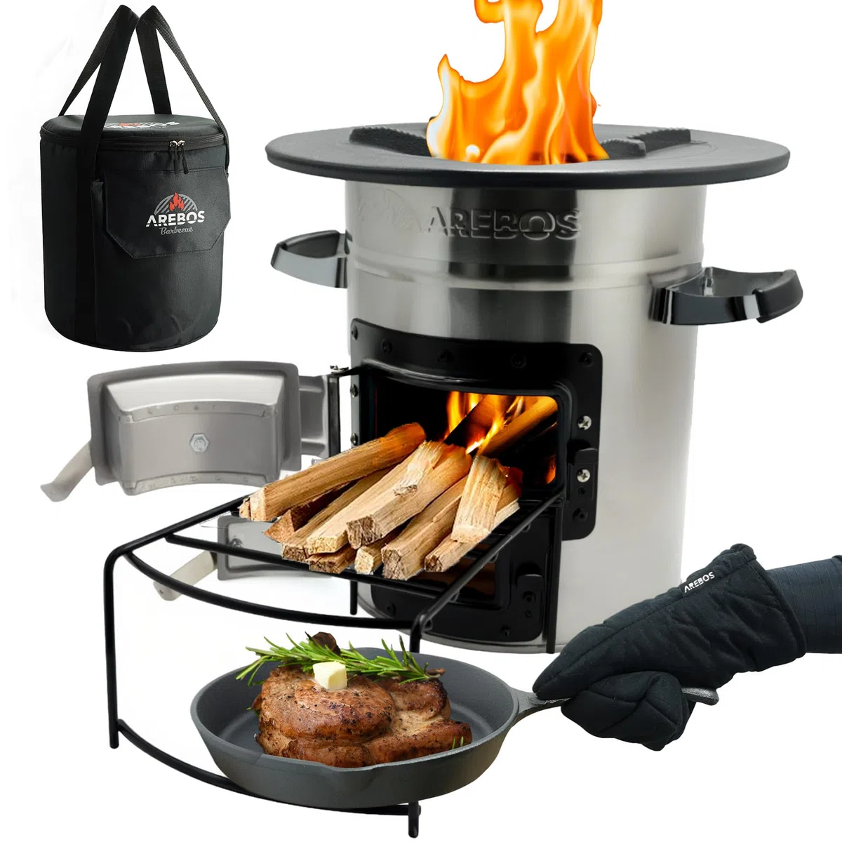 Arebos Raketenofen inkl. Grillpfanne aus Gusseisen mit Tragetasche & Handschuhe | Dutch Oven BBQ | tragbarer Campingkocher Holzofen | Outdoor-Küche | Rocket Stove | Campinggrill Silber