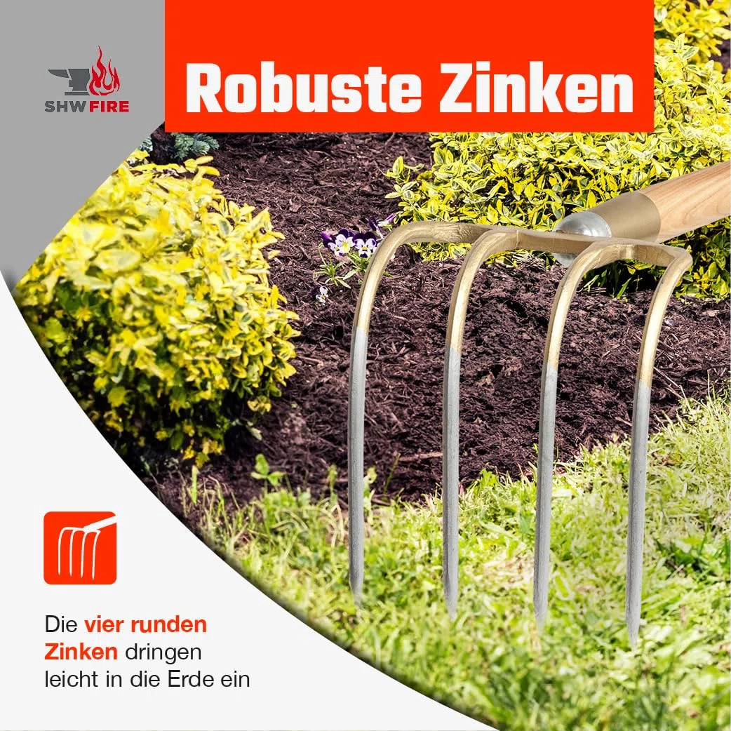 SHW-FIRE | Kartoffelhacke 4 Zinken Schmiedung, 135 cm ergonomischer Eschenholzstiel, robust & langlebig, ideal für Bodenbearbeitung, Kartoffelernte & Heuaufnehmen | Made in Germany