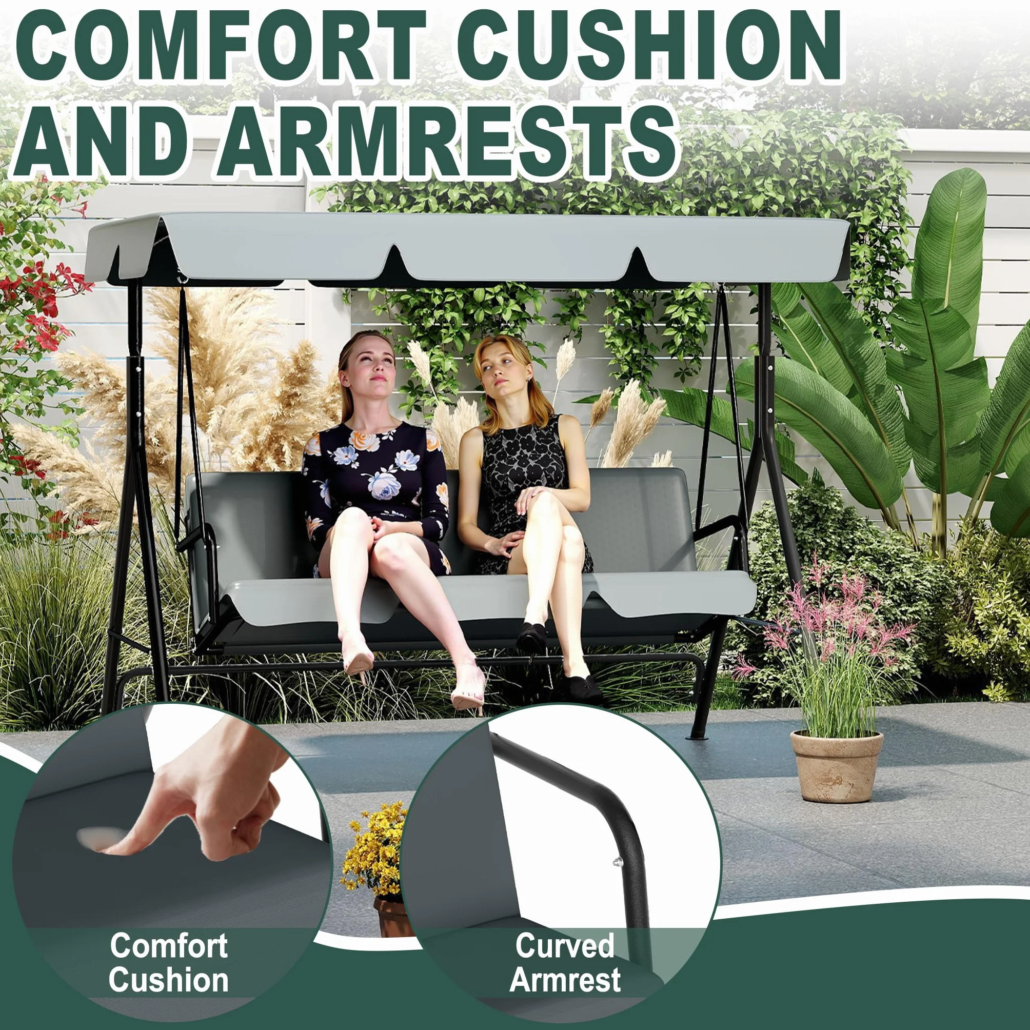 SUBTLETY Hollywoodschaukel 3 Sitzer für Familien, 193x110x152cm Gartenschaukel mit Verstellbarem Sonnendach & Liegefunktion, Pulverbeschichteter Stahlbank für Garten & Terrasse (Anthrazit)