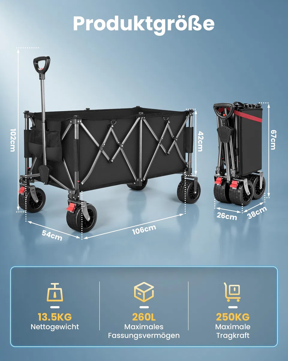 YEAUPE PRO Bollerwagen Faltbar 260L 250KG Handwagen mit Bremsen 17x10 cm Reifen All Terrain