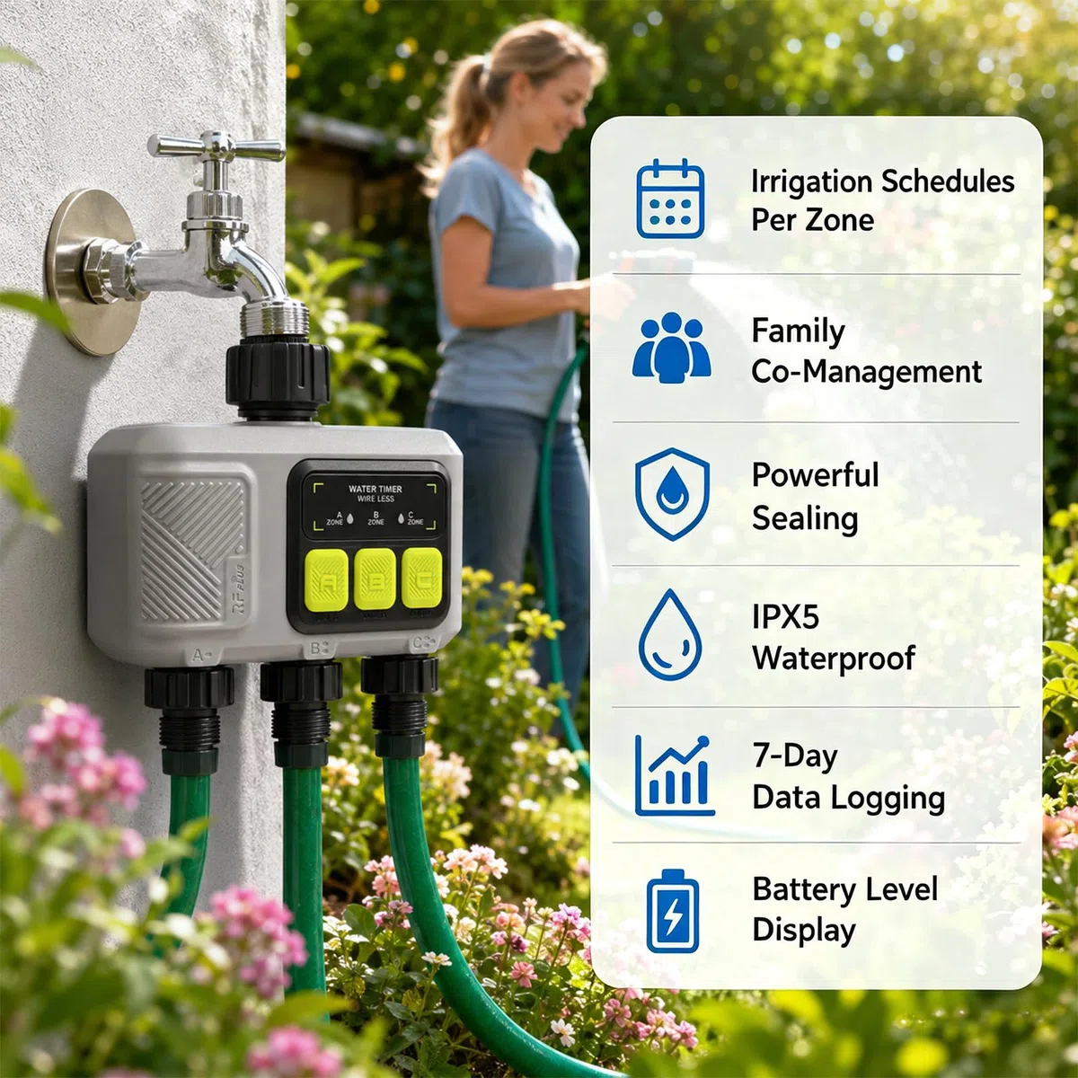 Bewässerungscomputer WLAN 3 Ausgänge mit 300m RF433 Technologie, Smart Zeitschaltuhr Bewässerung mit APP, Alexa & Google Sprachsteuerung, 21 Bewässerungsplänen, Garten Automatische Bewässerungsuhr