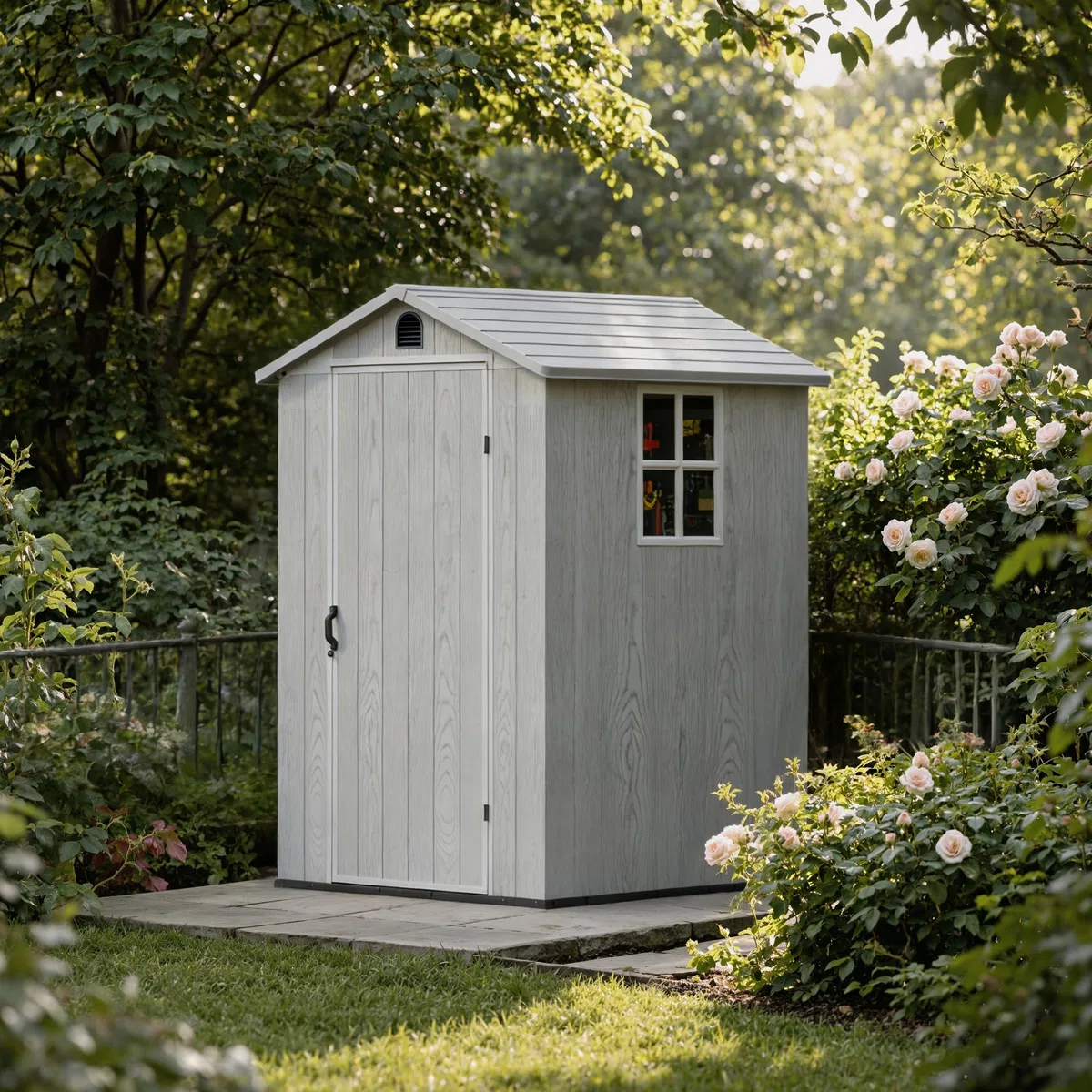 Devoko 4x4 Gartenhaus 2,3m³, Kunststoff, 116x116x195 cm Gerätehaus mit Boden, Geräteschuppen mit Abschließbar Tür und Belüftung, Draußen, Wetterfest für Garten Rasen, Hellgrau