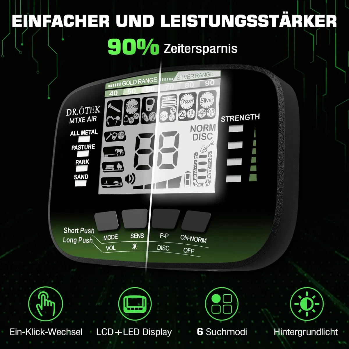 DR.ÖTEK Metalldetektor Profi Set für Erwachsene Anfänger, Aktualisierter 6 Modi Leicht Metalldetektor, 3 Terrain-Modus mit Pinpoint, IP68 wasserdichte Suchspule, Metal Detector Kit mit Zubehör, Grün