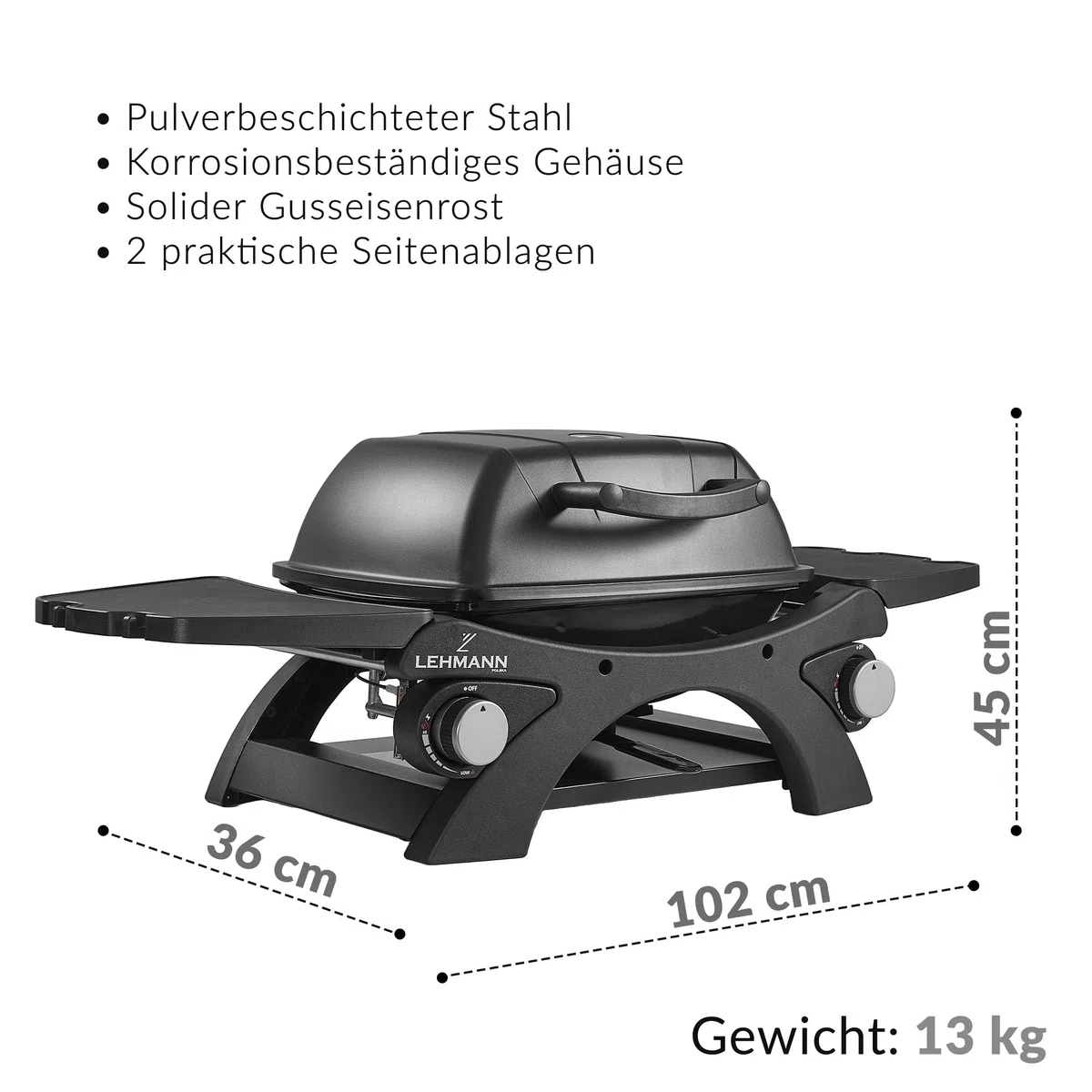 LEHMANN Gasgrill, Tragbarer Tischgasgrill mit 2 Brenner, Thermometer & Seitentischen klappbar, Gusseisen Grillrost mit 1638 cm² Grillfläche, Tischgrill für Outdoor BBQ, Balkon- & Campinggrill