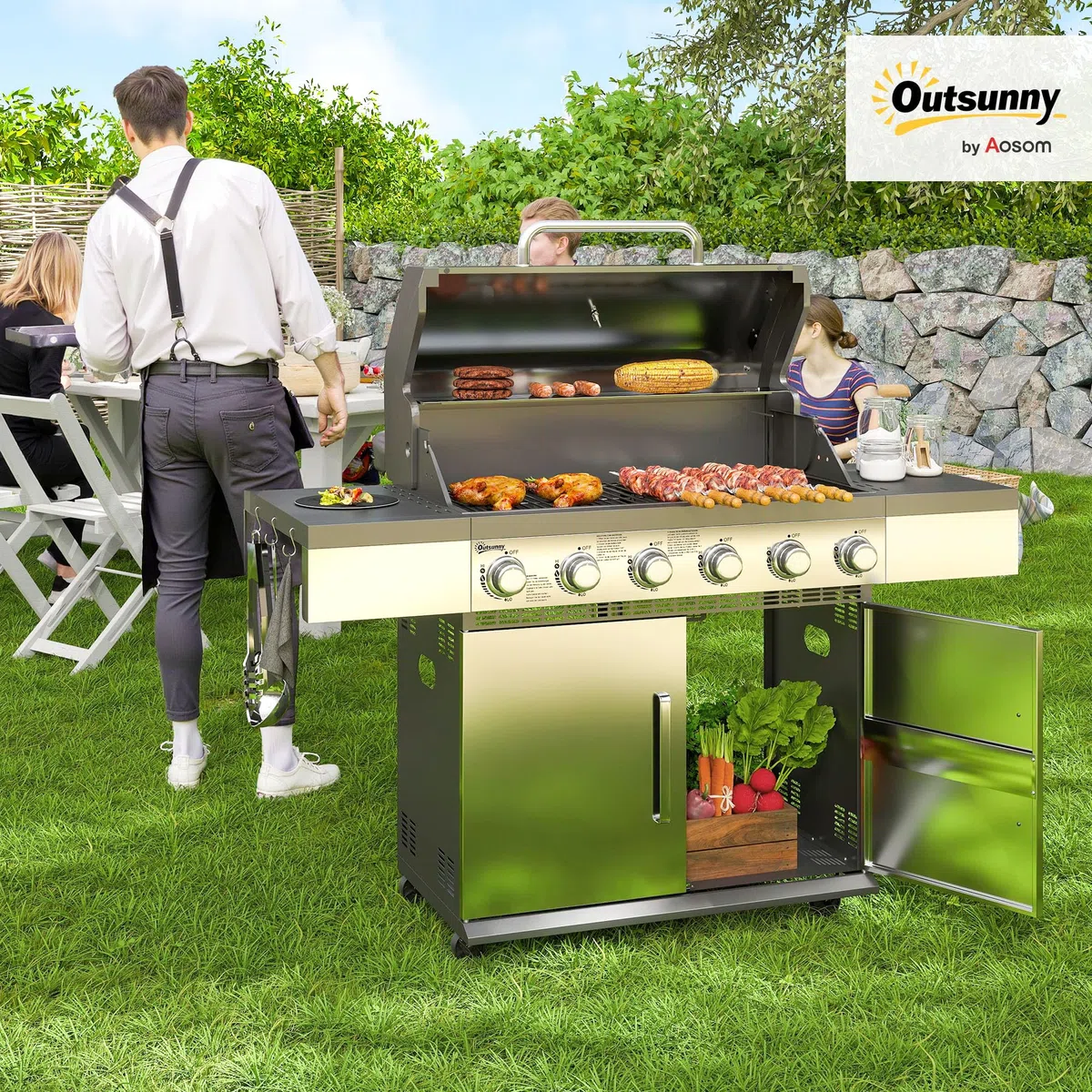 Outsunny Gasgrill 8500BTU BBQ Gartengrill inkl 6 Edelstahl-Brenner Rolle Druckminderer Thermometer, Grillwagen mit Gasschlauch Seitenablagen Deckel, für Camping-Grill Balkon, 143 x 55 x 110 cm