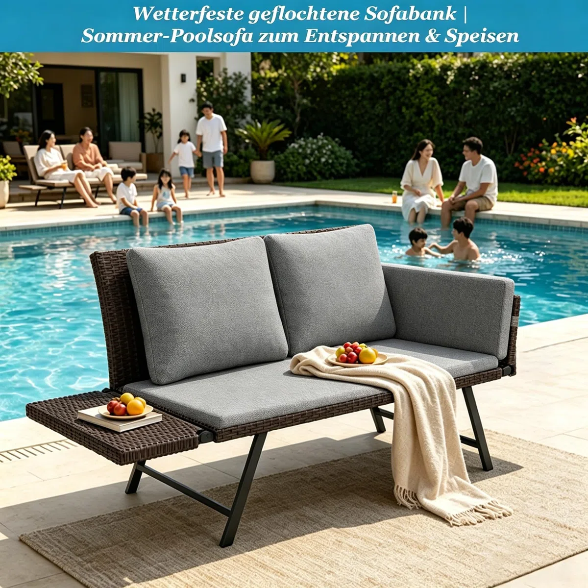 Gartensofa 2 Sitzer mit Liegefunktion, Verstellbare Couch klappbarer Armlehnen, Outdoor schlafsofa mit Kissen, Polyrattan Gartenbank Lounge Sofa für balkonmöbel,Terrasse, Gartenmöbel (Dunkel)