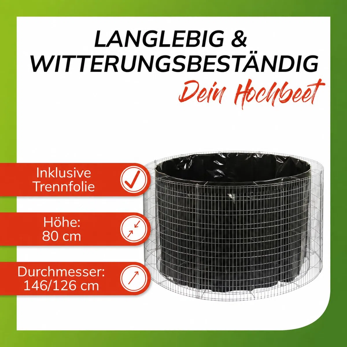 bellissa - Gabionen-Hochbeet rund Durchmesser 146cm außen 126cm innen, Höhe 80 cm - Feinmaschige Gabionenkörbe befüllbar - Witterungsbeständiges Gabionen-Hochbeet - DIY-Bausatz inkl. Trennfolie (L)