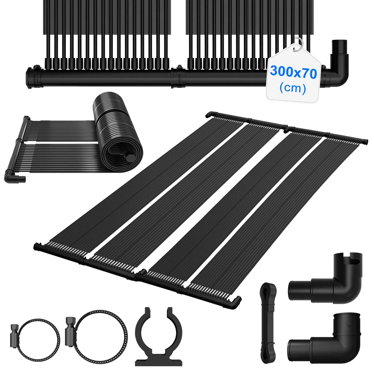 Froadp Solarheizung Solarkollektor für Pool Schwimmbad Warmwasser Heizung, Poolheizung Solar, Solarmatte Schwimmbad Heizmatte aus NBR+PVC, Beliebig Erweiterbar, Schwarz, 300x70cm