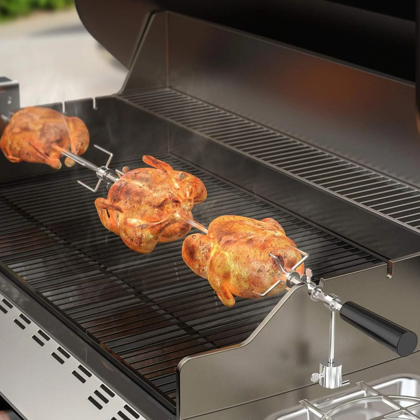 onlyfire BRK-6032 Universal Verchromter Grillspieß Set, 100 cm Rotisserie Drehspieß, 4X Fleischnadeln, Edelstahl Motor, 220V - 240V, Drehspiess