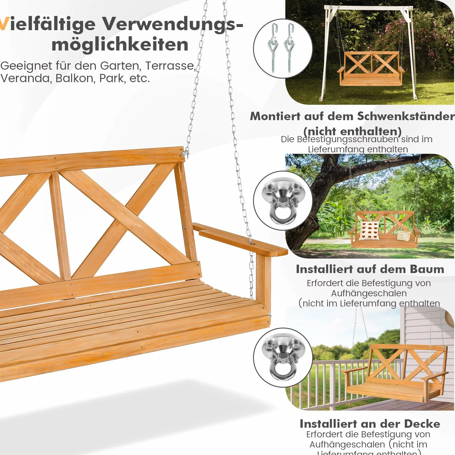 COSTWAY Hängebank aus Massivholz, 2-Sitzer Gartenschaukel zum Aufhängen, Hollywoodschaukel bis 240 kg belastbar, Outdoor-Schaukelbank für Terrasse, Garten, Hof, 134 x 60 x 65 cm, Natur
