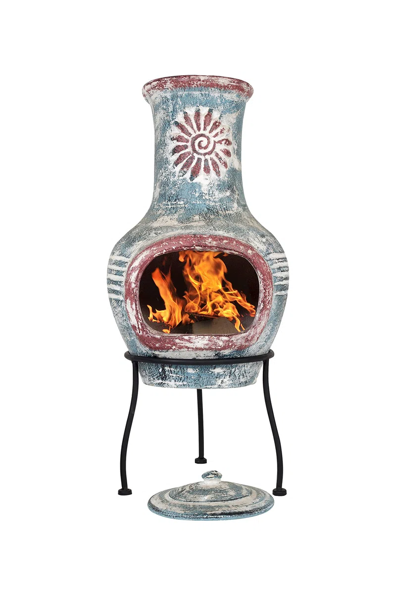 La Hacienda 67034 Swirl Clay Chimenea Patio Heater Handmade Traditional Log Burner Sea Blue Red with Protective Rain Lid Solid Metal Stand Medium