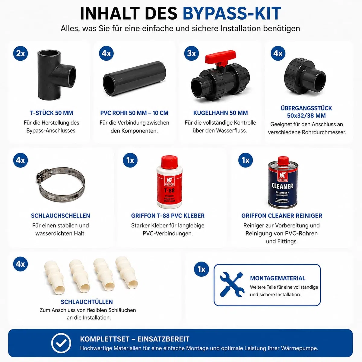 COIL Bypass-Kit für Schwimmbad-Wärmepumpen, universelles PVC 50 mm, Set mit 3 Kugelhähnen, Griffon-Kleber und Reiniger – Selbstmontage