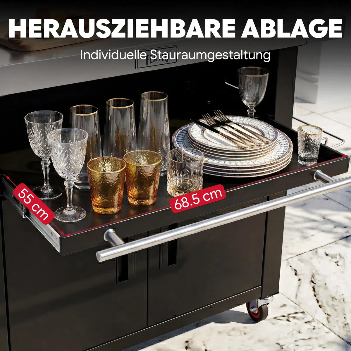 Outdoor-Küche Grillwagen Outdoor Grilltisch Outdoor wetterfest mit Schrank | 188x66x92 cm Servierwagen Pizzatisch mit 2 Klappbarer Beistelltisch, ausziehbare Ablage, für Pizzaofen, Außenküche,Terrasse