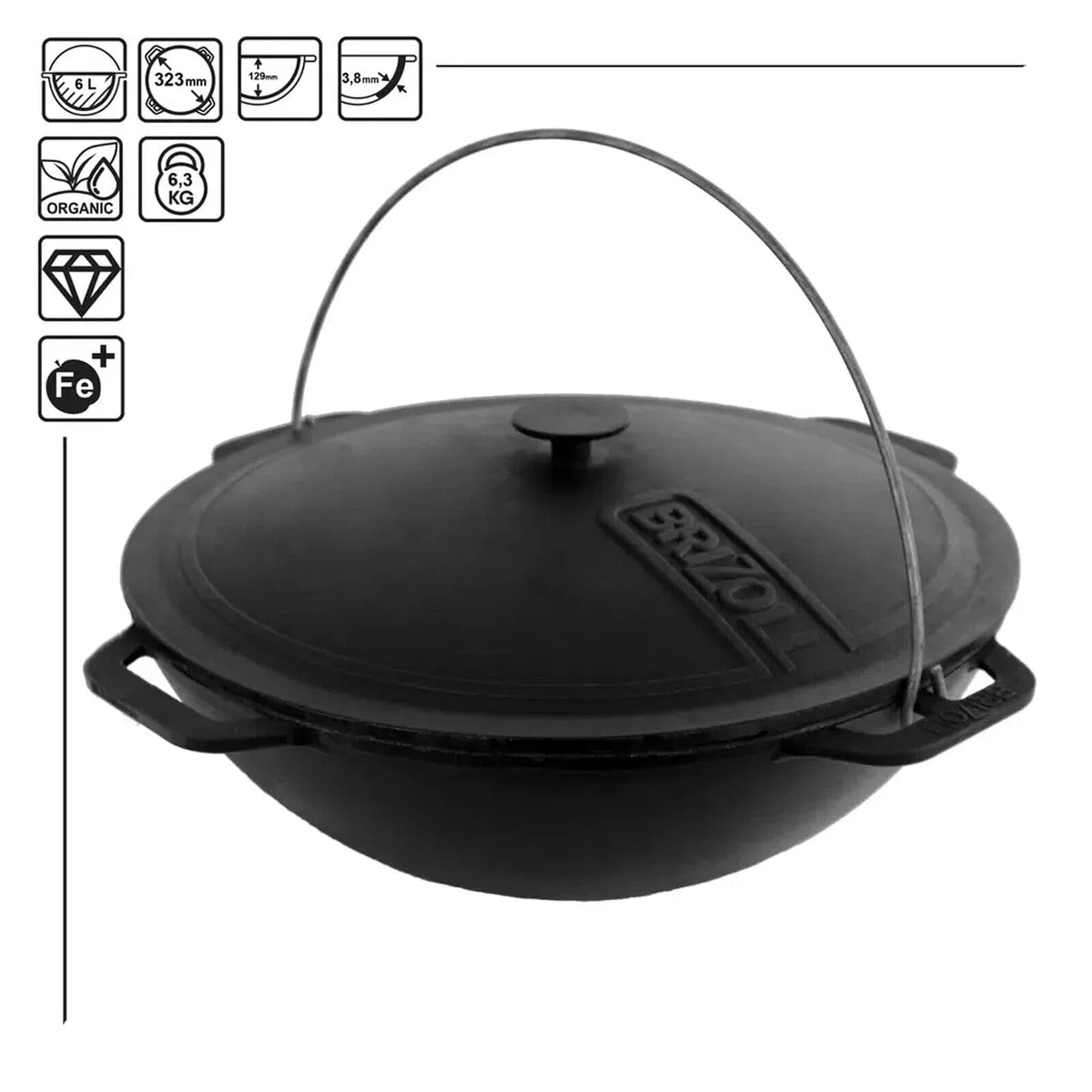 4BIG.fun Gusseisen Kazan 6 L Schwenktopf Kasan mit Deckel aus Gusseisen Wokpfanne Grill Cast Iron Campingtopf Kessel Asia Wok Traditioneller Gusstopf Grillwok