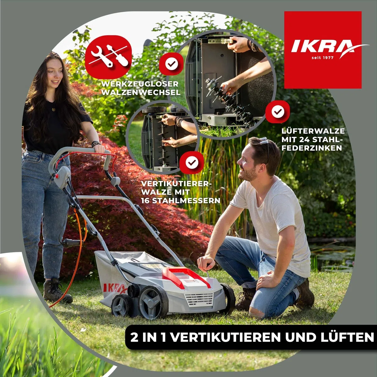 IKRA Elektro Vertikutierer Rasenlüfter IEVL 1838, Arbeitsbreite 38cm, 1800W | Fangkorb 40l, Arbeitstiefe +5 bis –12 mm, werkzeugloser Walzenwechsel, 2in1 Gerät lässt sich auch ohne Fangbehältnis nutzen