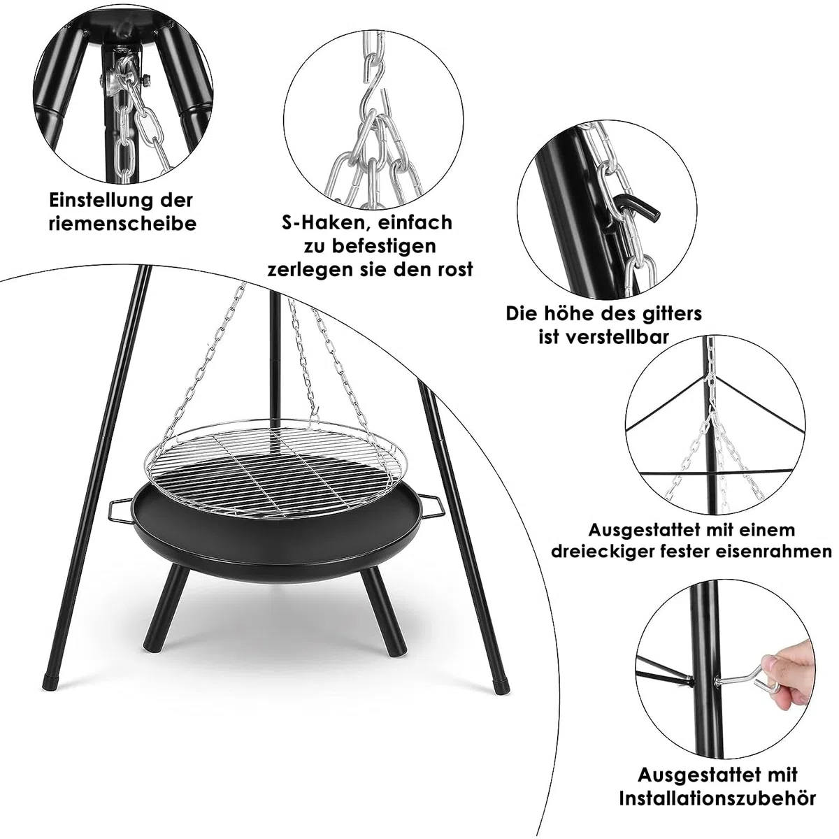 TLSUNNY Schwenkgrill mit Feuerschale, Dreibein für Feuerschale, inkl. Grillrost (Ø52cm), Höhenverstellbarer Kette (200 cm) und Dreibein (H:152 cm), 3PCS Beine, Grill für Camping Garten Hof