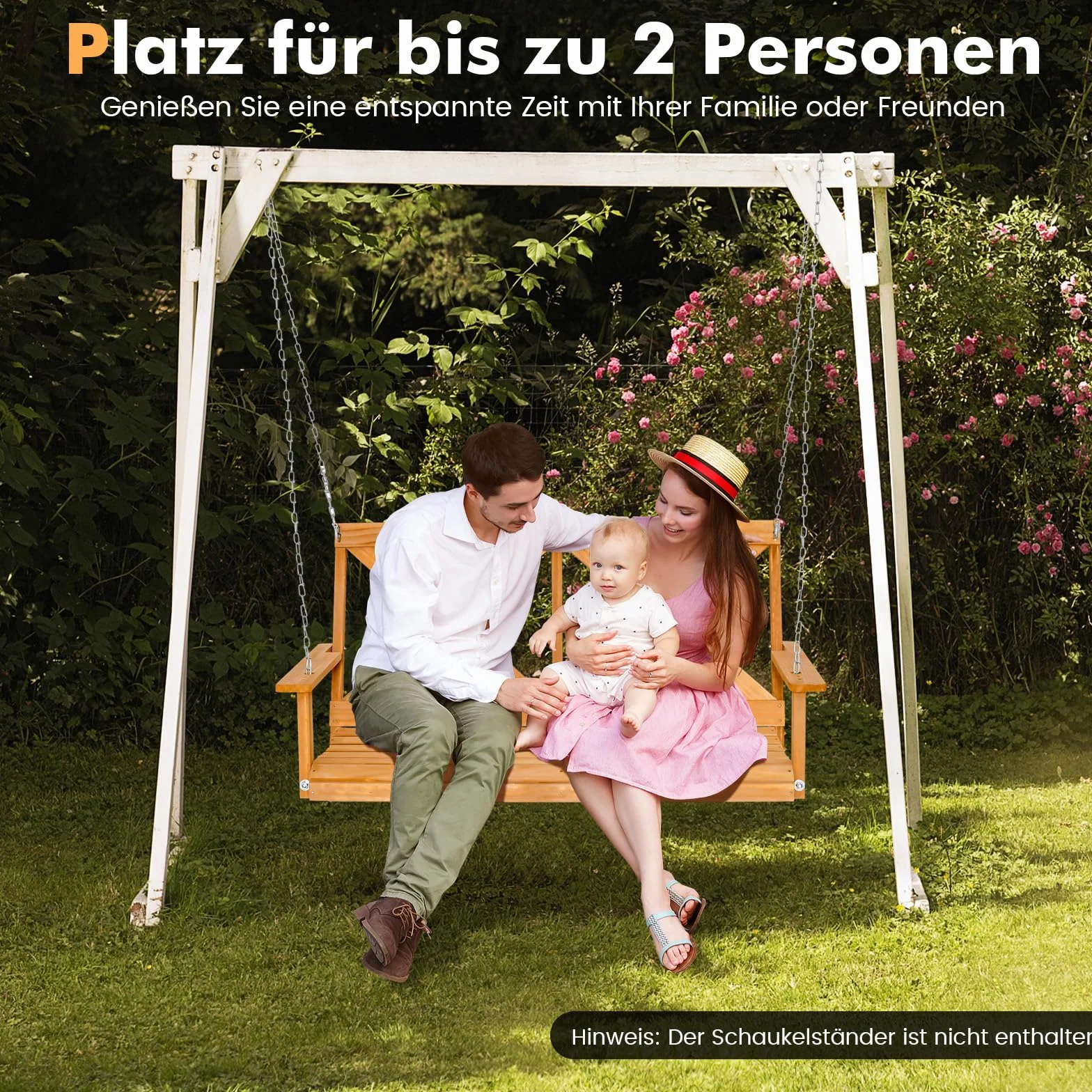 COSTWAY Hängebank aus Massivholz, 2-Sitzer Gartenschaukel zum Aufhängen, Hollywoodschaukel bis 240 kg belastbar, Outdoor-Schaukelbank für Terrasse, Garten, Hof, 134 x 60 x 65 cm, Natur