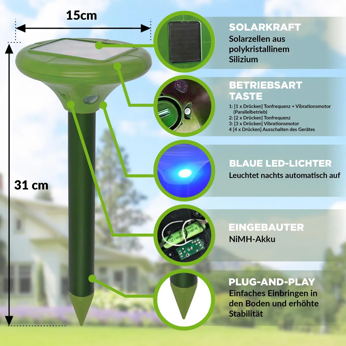 ISOTRONIC Maulwurfabwehr zum Vertreiben von Maulwürfen, Wühlmäusen & Schlangen – Solar Maulwurfschreck mit Erdspieß für den Garten – Maulwurfvertreiber 1.250m² Wirkungsbereich (3 Stück)